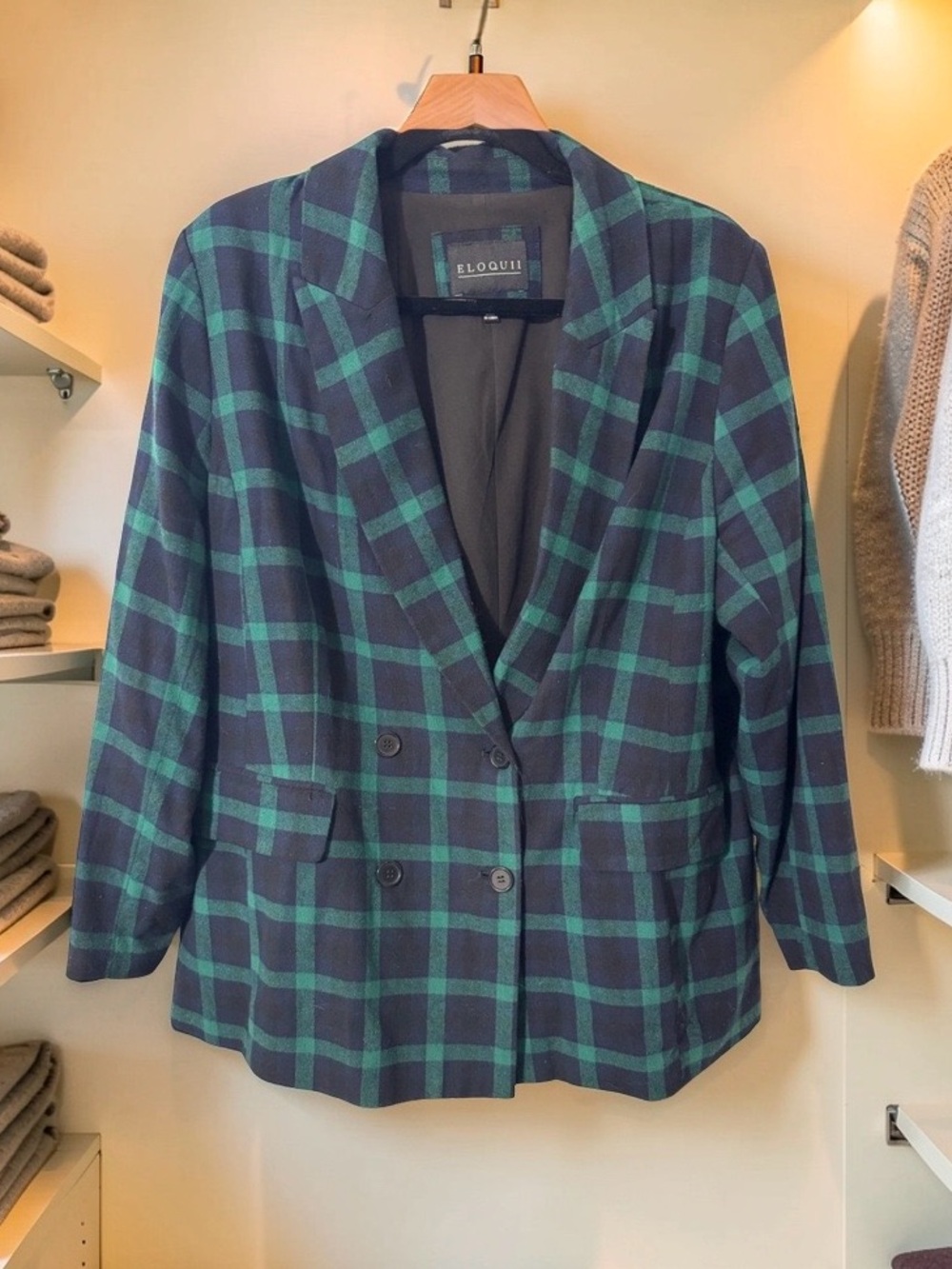 Eloquii Navy &!Green Plaid Double-Breasted Blazer,90s style, slouchy,100% cotton